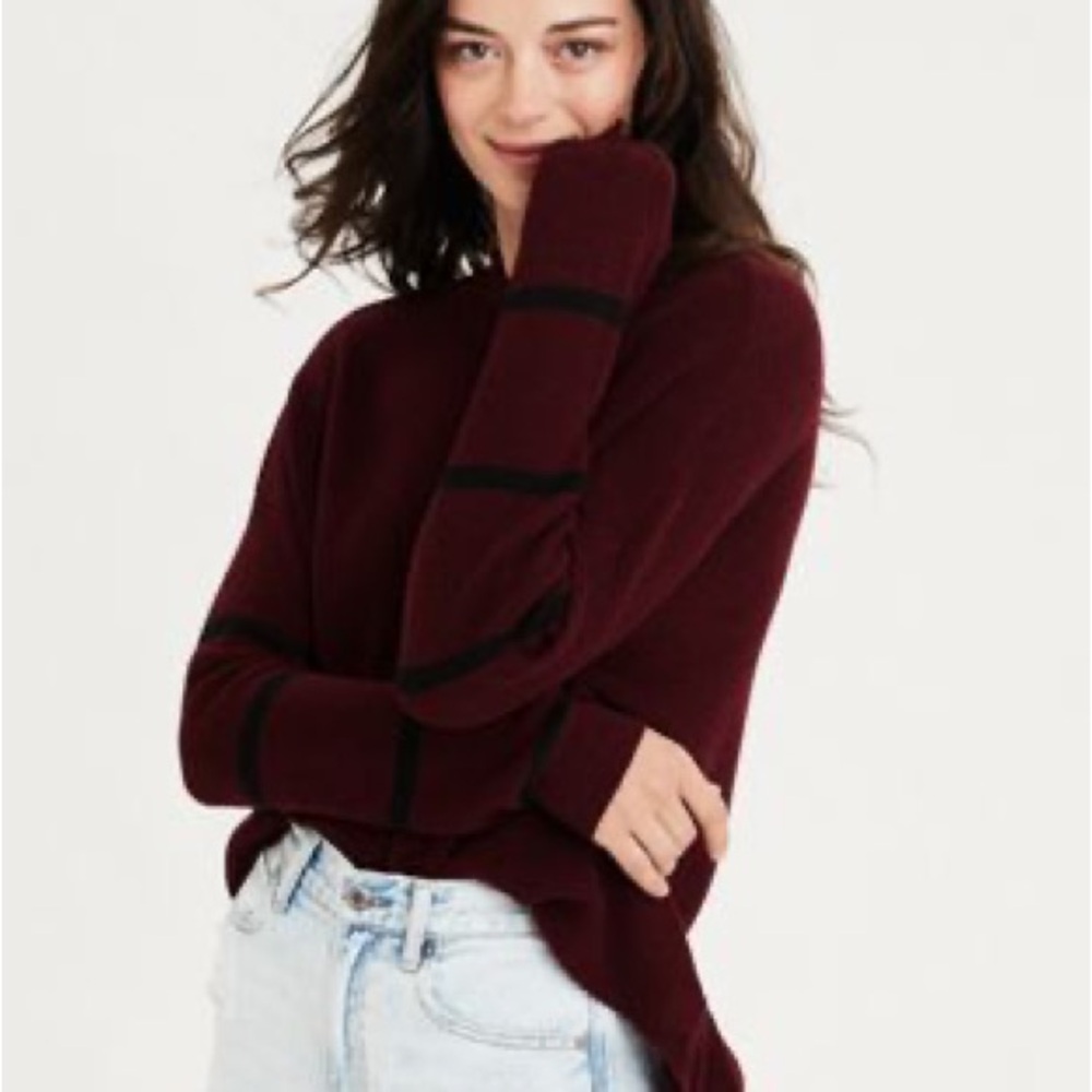 American Eagle Burgundy Crew Neck Sweater with Black Stripes, Small